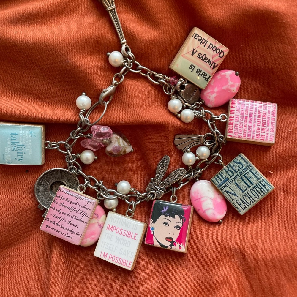Unique Barbiecore/Audrey Hepburn Style Paris Charm Bracelet